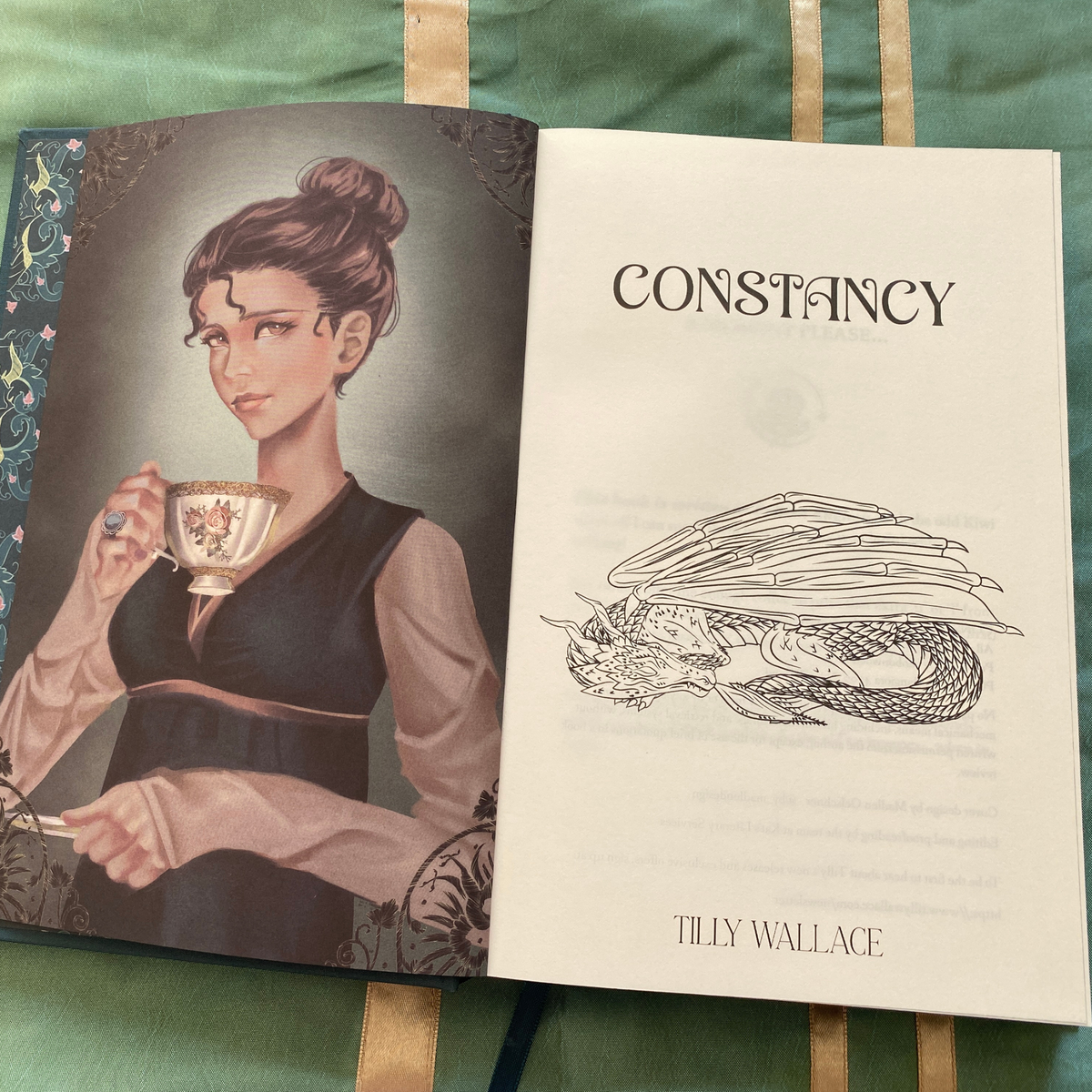 Colour character art of Moire Tobin beside the Constancy title page and its gold dragon