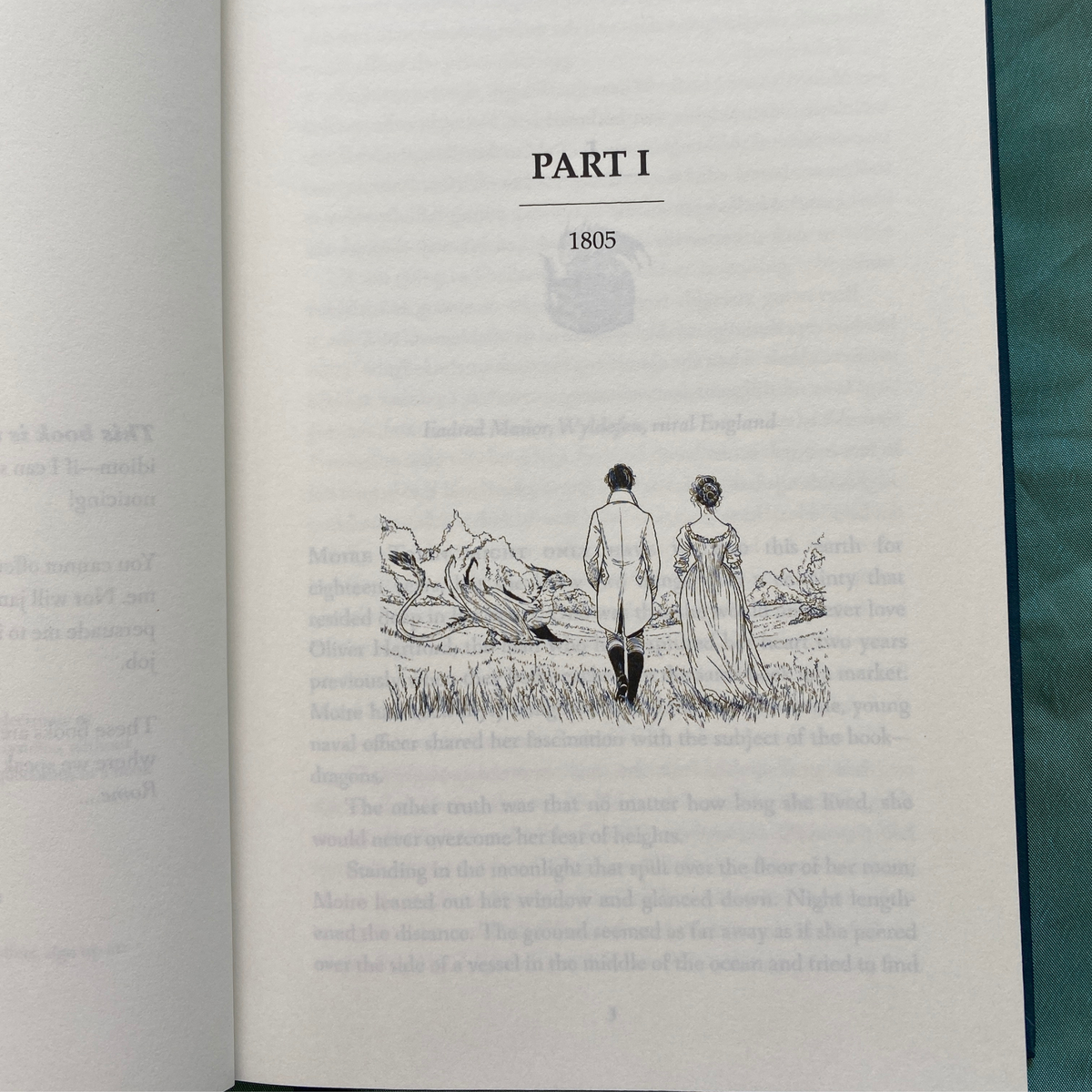 Part One title page from Constancy, illustrated with two figures and a dragon