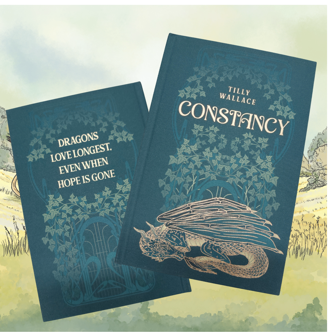 Constancy special edition hardcover in teal cloth with a gold foil dragon, shown front and back