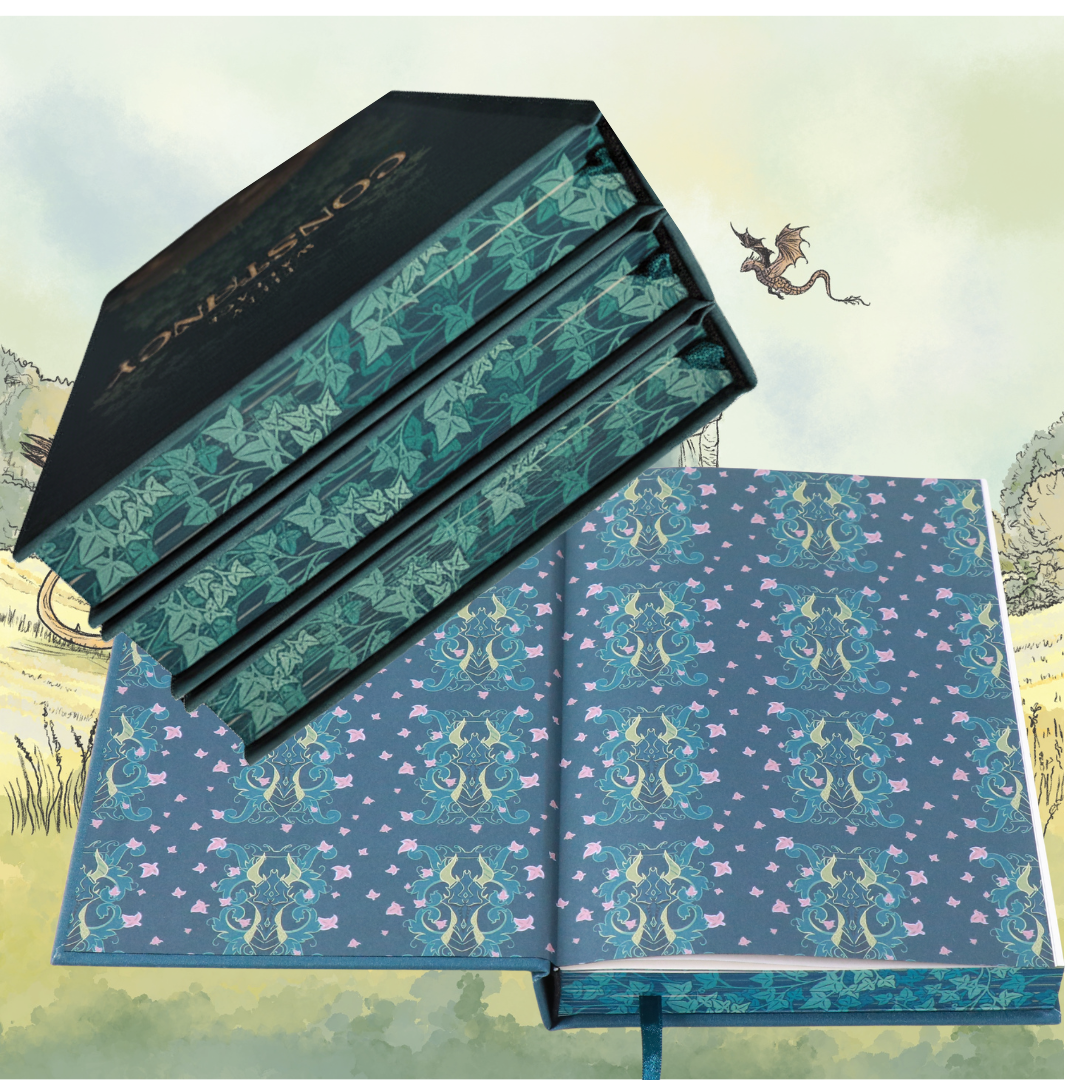 Constancy endpapers in a repeating dragon pattern, with teal ribbon bookmark and leaf-sprayed edges