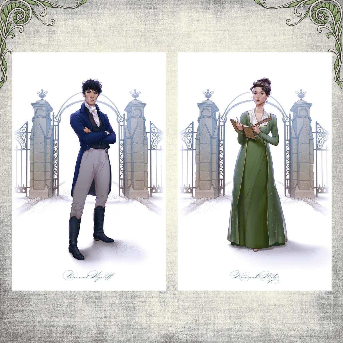 Colour character art of Viscount Wycliff and Hannah Miles in arched frames