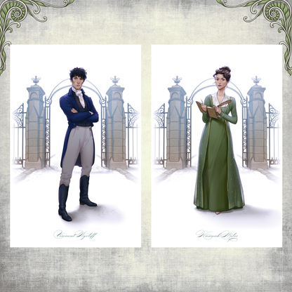 Colour character art of Viscount Wycliff and Hannah Miles in arched frames