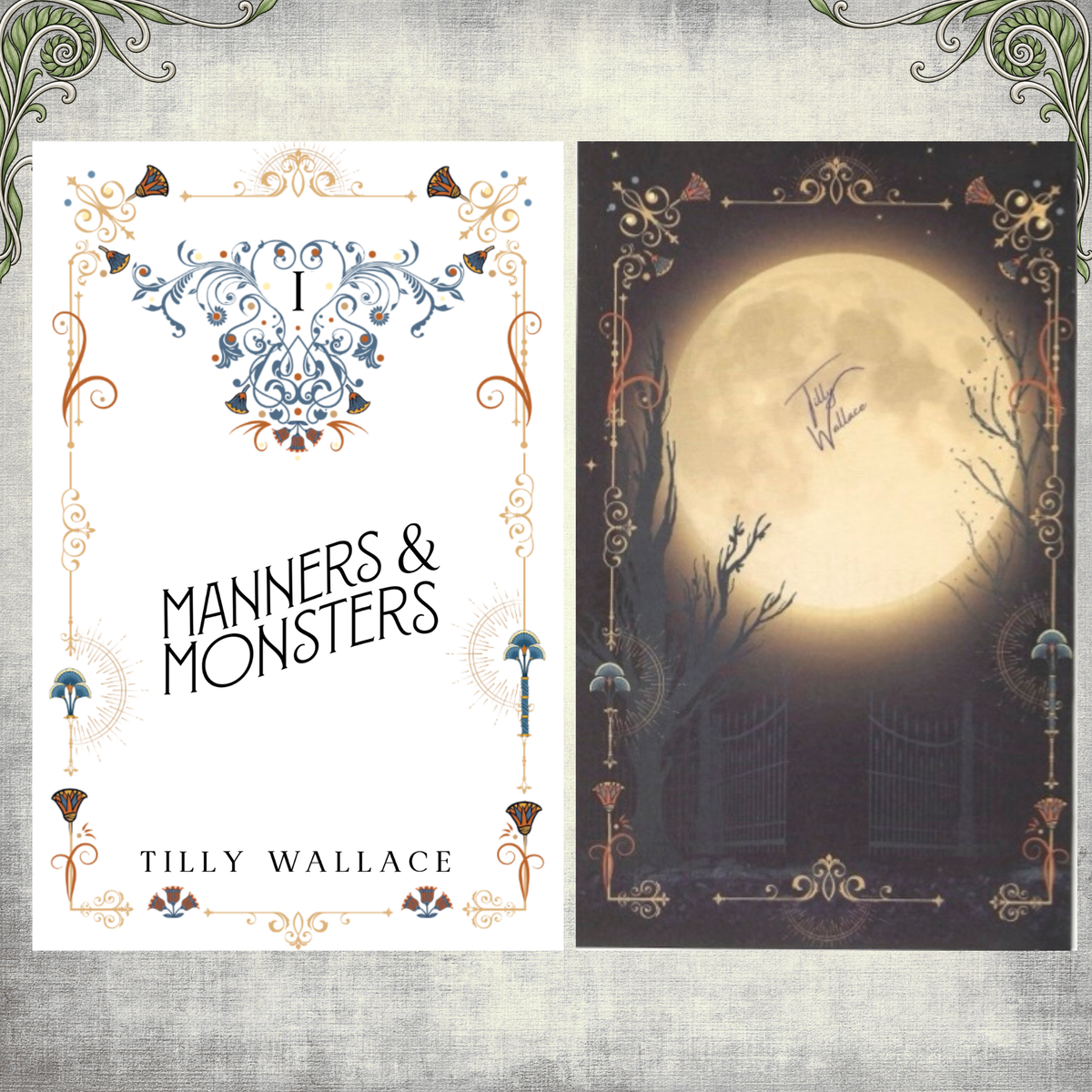 Colour title page of the Manners and Monsters special edition paperback, moonlit and illustrated