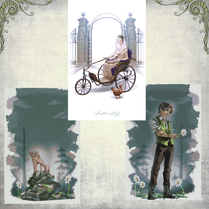 Colour character art from Galvanism and Ghouls, including a figure in a wheeled invalid chair