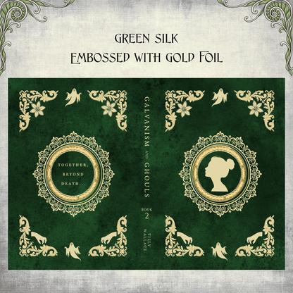 Forest green silk case embossed with gold foil, shown front and back without the dust jacket