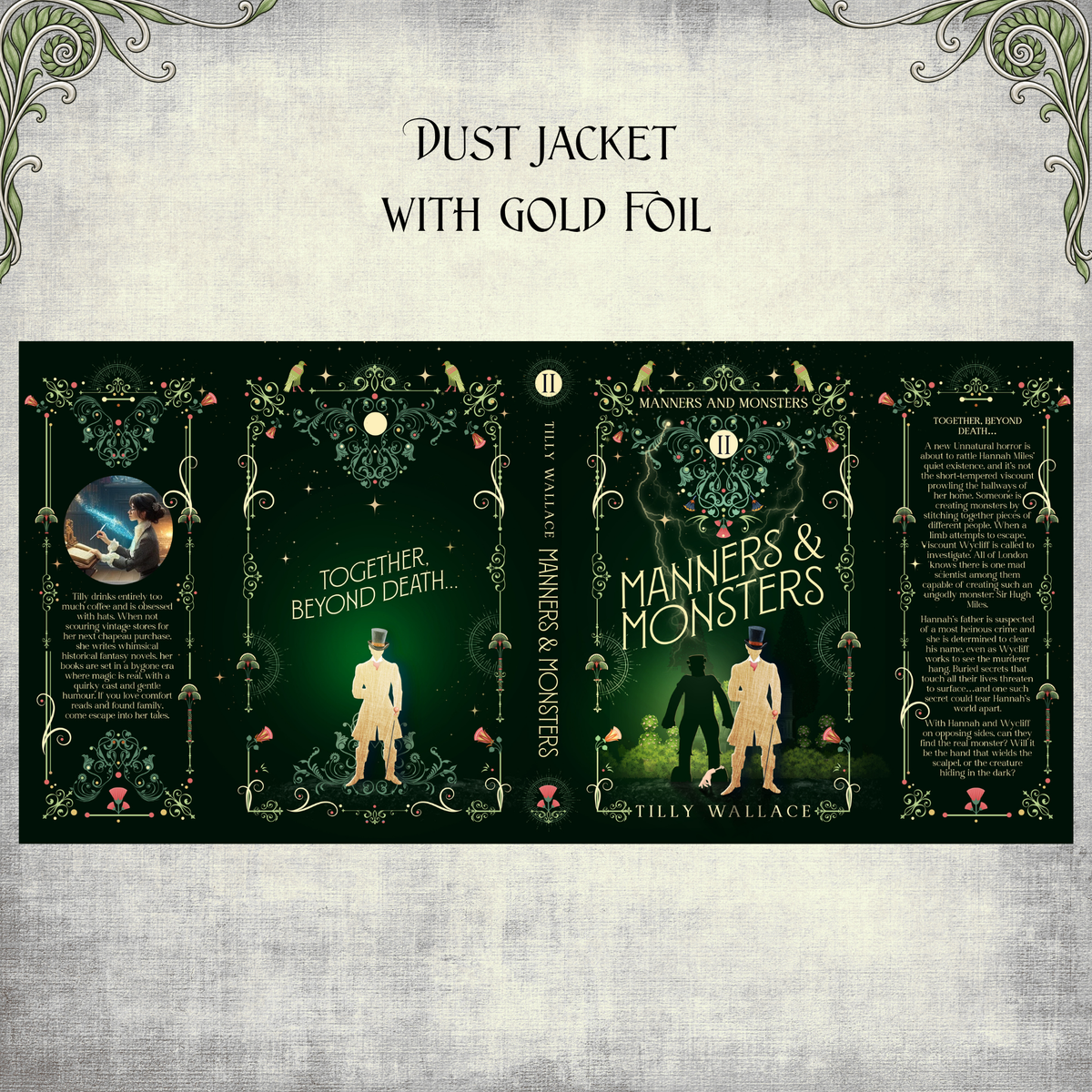 Full wrap dust jacket artwork for Galvanism and Ghouls, gold foil on forest green