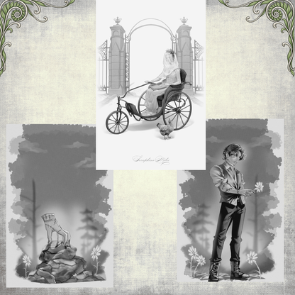 Black and white character art from Galvanism and Ghouls, including a figure in a wheeled invalid chair