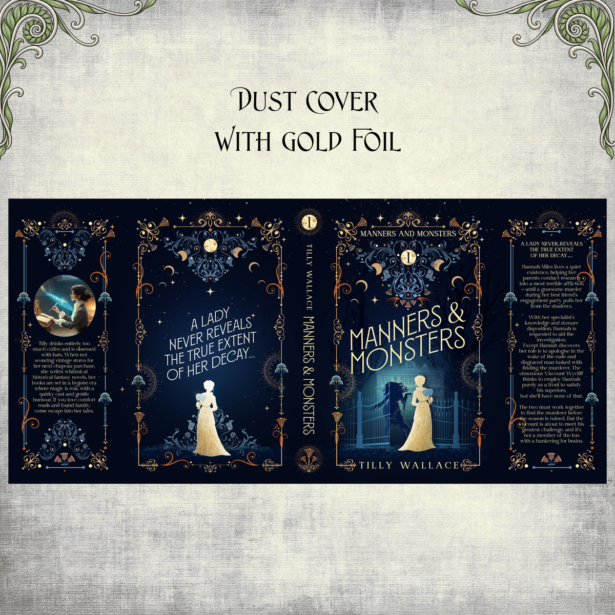 Full wrap dust jacket artwork for Manners and Monsters, gold foil on navy