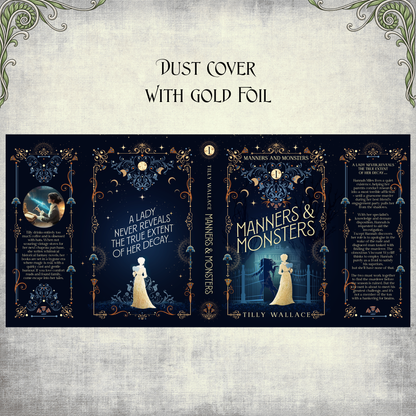 Full wrap dust jacket artwork for Manners and Monsters, gold foil on navy