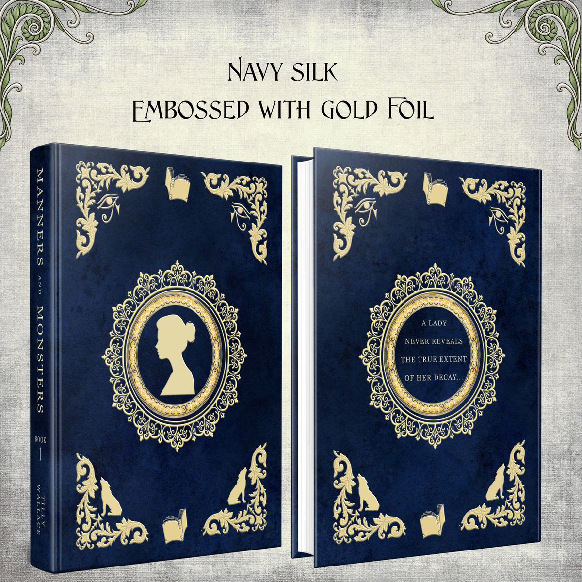 Navy silk case embossed with gold foil, shown front and back without the dust jacket