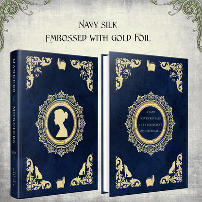 Navy silk case embossed with gold foil, shown front and back without the dust jacket